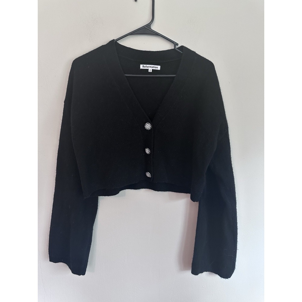 Reformation Cropped Black 100% Wool Sweater Cardigan Womens XS Rhinestone Button